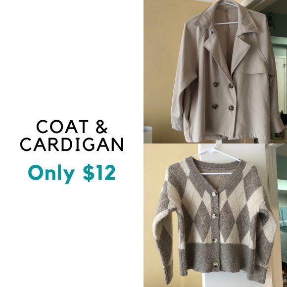 Jackets & Blazers - Beige Lightweight Coat & Plaid Blocked Wool blend Cardigan (Bundle of 2)